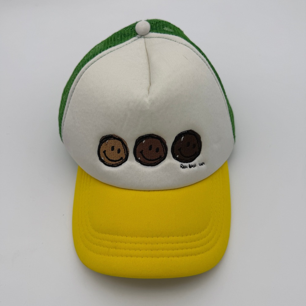Ron Bass Smiley Face Trucker Hat Green Yellow White Colorblock Snapback Cap
